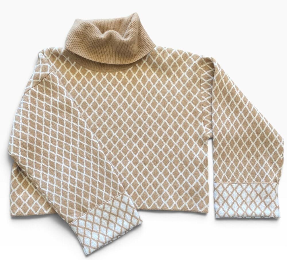 English Factory Camel & Cream Diamond Turtleneck Sweater Women’s Size XS